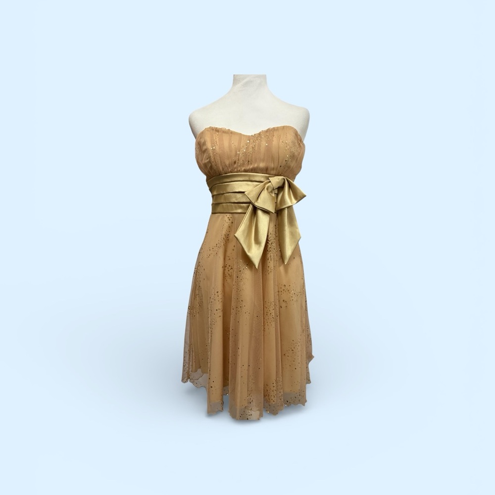 Strapless Gold Bow-Accent Evening Dress